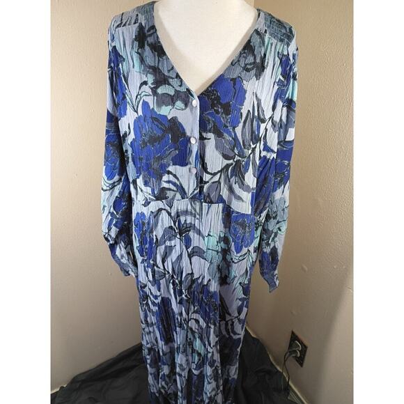 Roamans Maxi Dress Blue Floral Pleated Sz 20 Boho Feminine - Picture 1 of 14